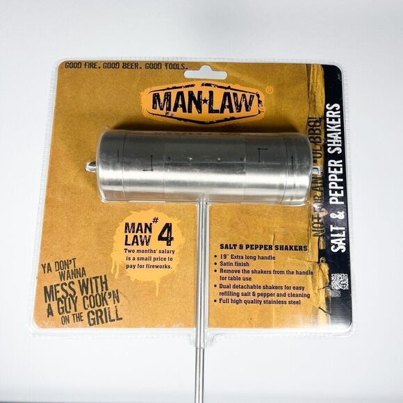 MAN LAW BBQ Grill Stainless Steel Detachable Salt & Pepper Shaker 19" Handle NEW - Picture 3 of 5